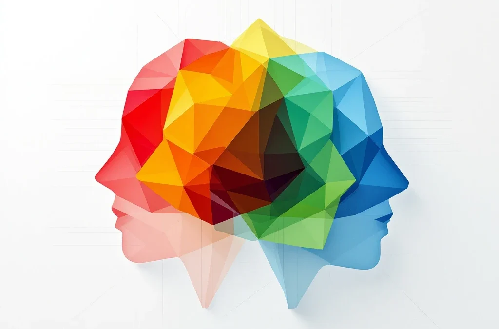 Abstracte geometrische hersenvorm in rood, geel, groen en blauw met doorschijnende lagen op witte achtergrond