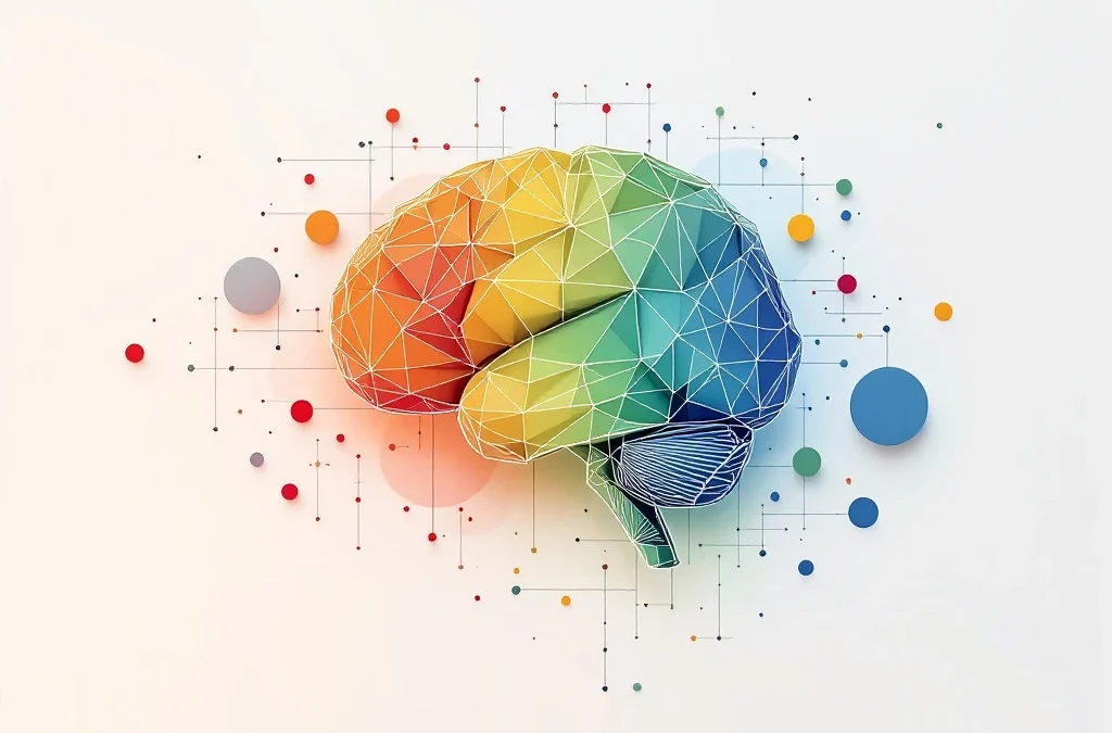 Geometrische hersenvorm met kleurrijke knooppunten en verbindingen op witte achtergrond voor emotionele intelligentie