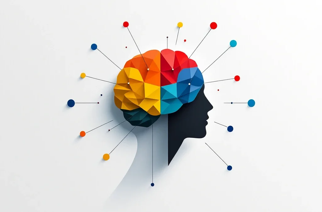 Abstracte hersenvorm in Q4 merkkleuren rood, geel, groen en blauw met verbonden knooppunten op witte achtergrond