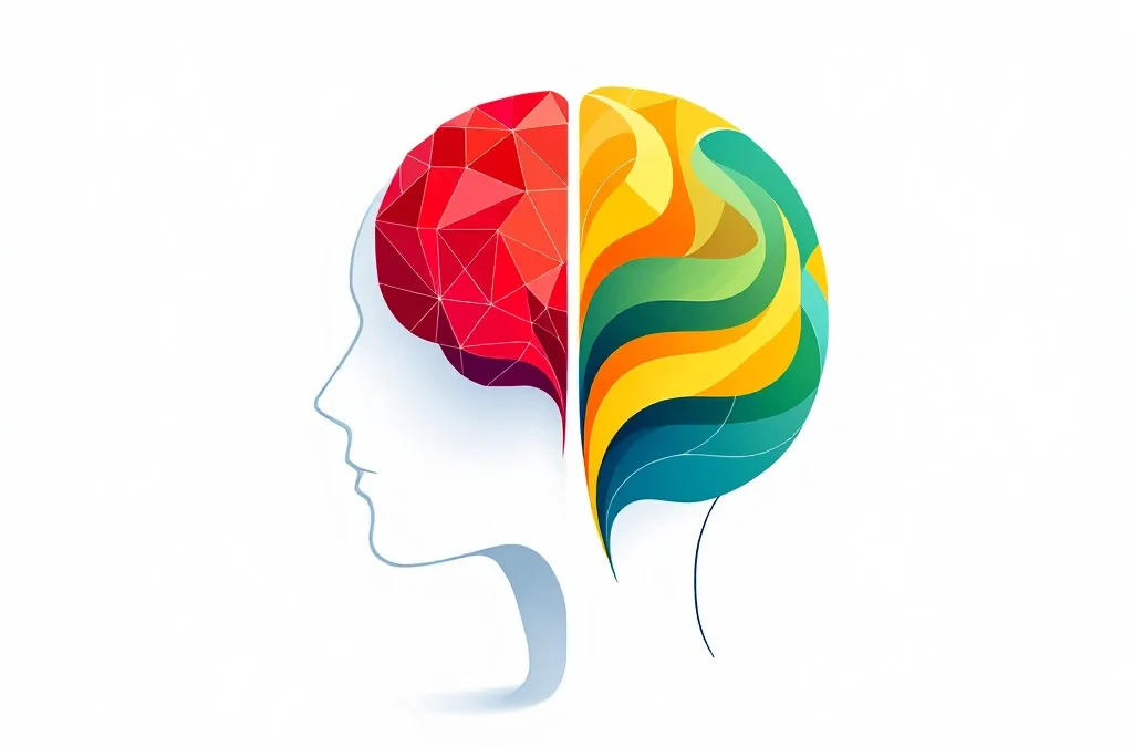 Abstracte menselijke hoofdsilhouet met geometrische hersenhelften in rood-blauw en geel-groen voor persoonlijke ontwikkeling