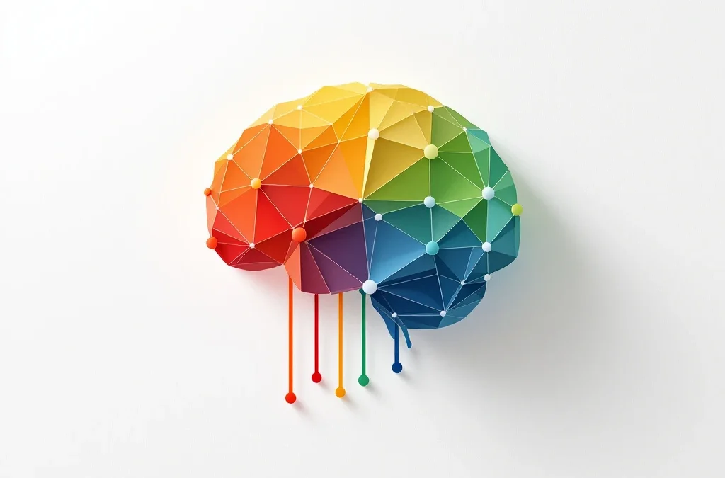 Abstracte geometrische hersenen met kleurrijke knooppunten in rood, geel, groen en blauw op witte achtergrond