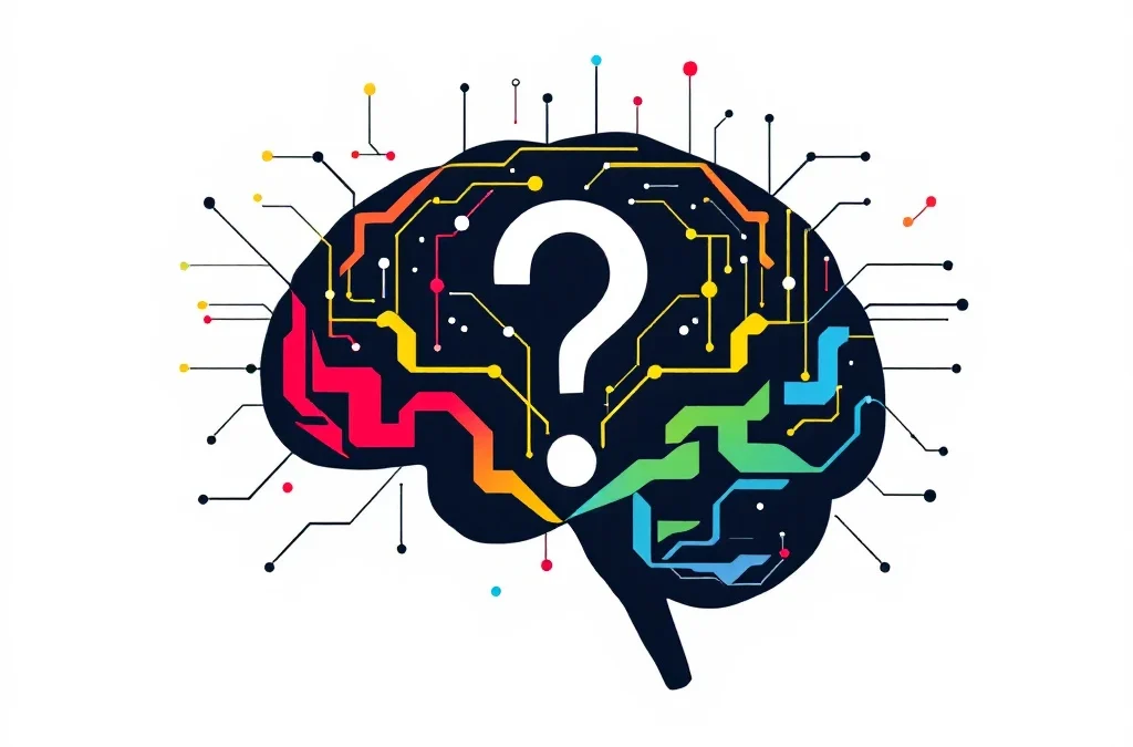 Minimalistisch breinsilhouet met kleurrijke neurale netwerken in rood, geel, groen en blauw, met vraagteken op witte achtergrond