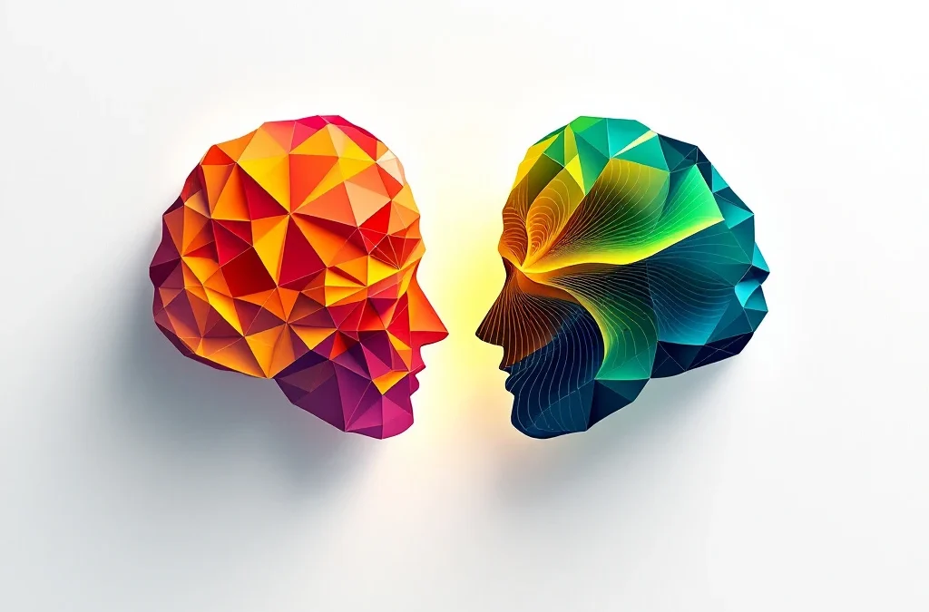 Minimalistisch split-brain diagram met geometrische hersenhelften in rood-geel en groen-blauw voor persoonlijkheidsontwikkeling