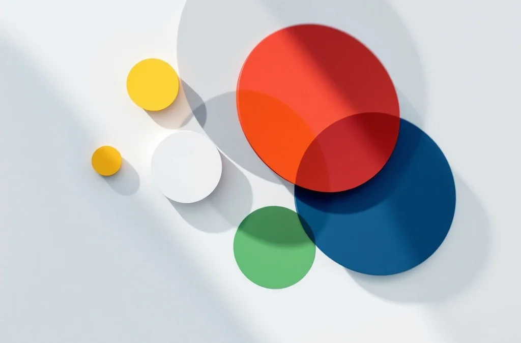 Geometrische vormen in DISC-kleuren rood, geel, groen en blauw verbonden met witte en grijze elementen op witte achtergrond