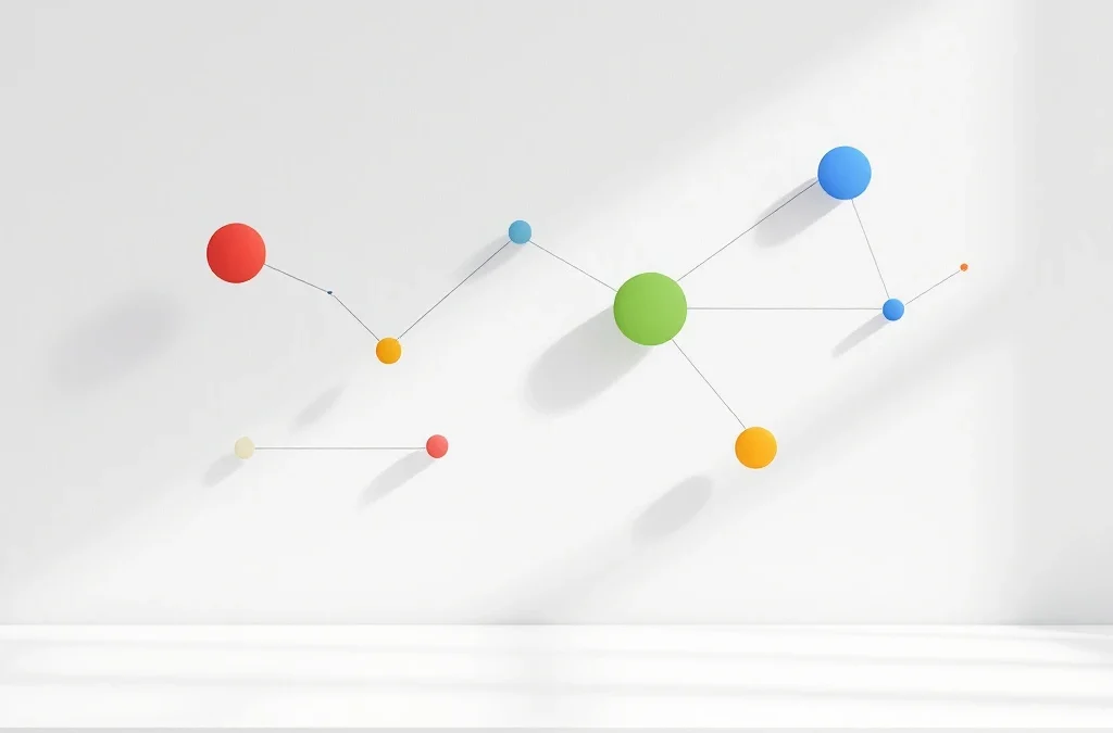 Minimalistisch werkplek met geometrische teamwork-elementen in rode, gele, groene en blauwe merkkleuren op wit bureau