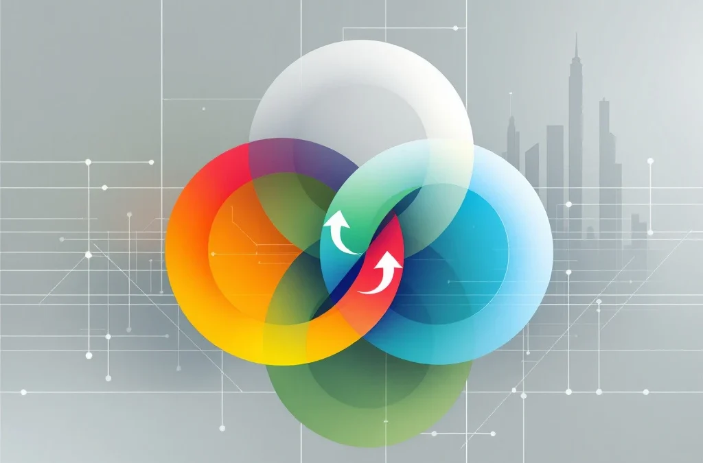 Vier in elkaar grijpende gekleurde cirkels met witte pijlen die een dynamische leercyclus vormen op grijze achtergrond