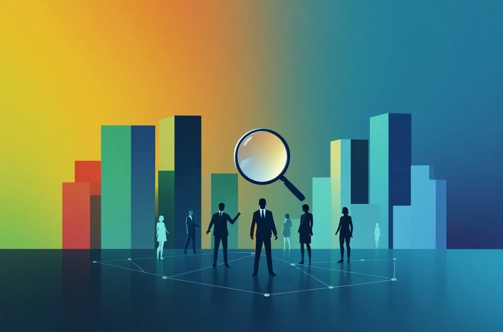 Professionele figuren verbonden in cirkel met vergrootglas, geometrische gebouwen op kleurverloop achtergrond