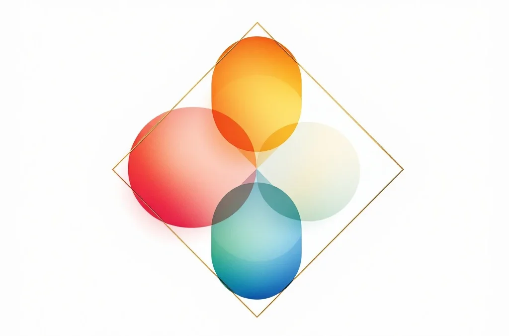 Vier onderling verbonden geometrische cirkels in rood, geel, groen en blauw vormen een diamantpatroon op witte achtergrond.