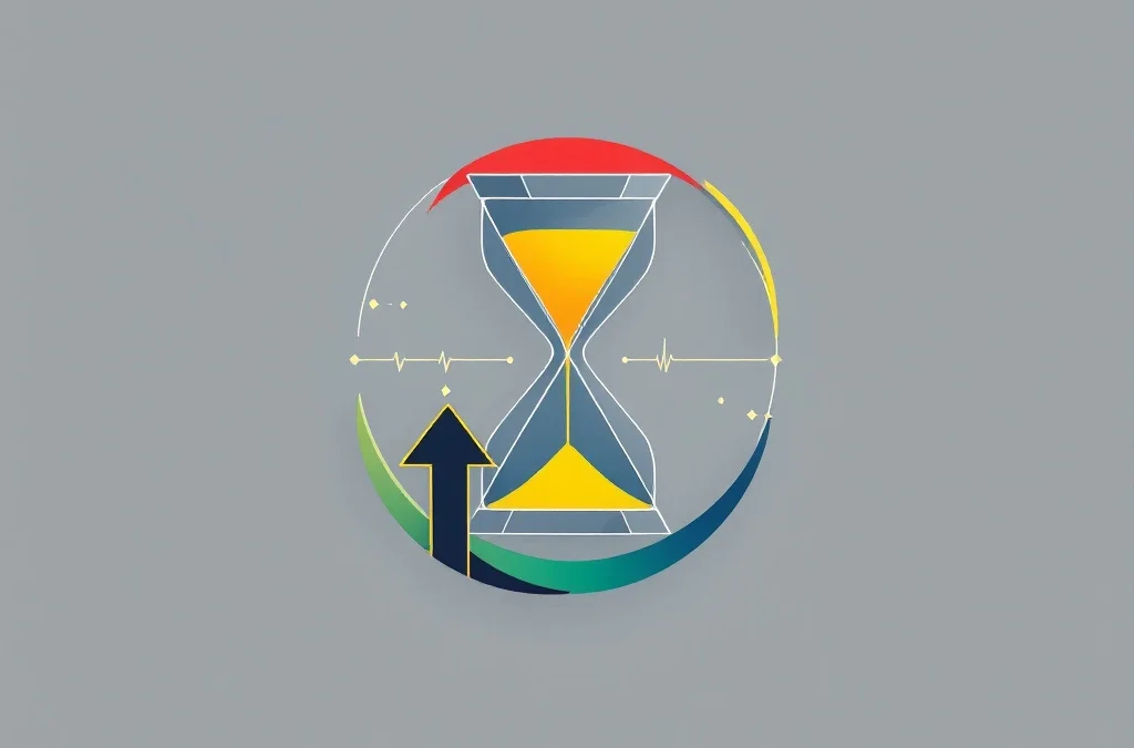 Geometrische zandloper met kleurverloop in rood, geel, groen en blauw op minimalistische achtergrond met opwaartse pijl