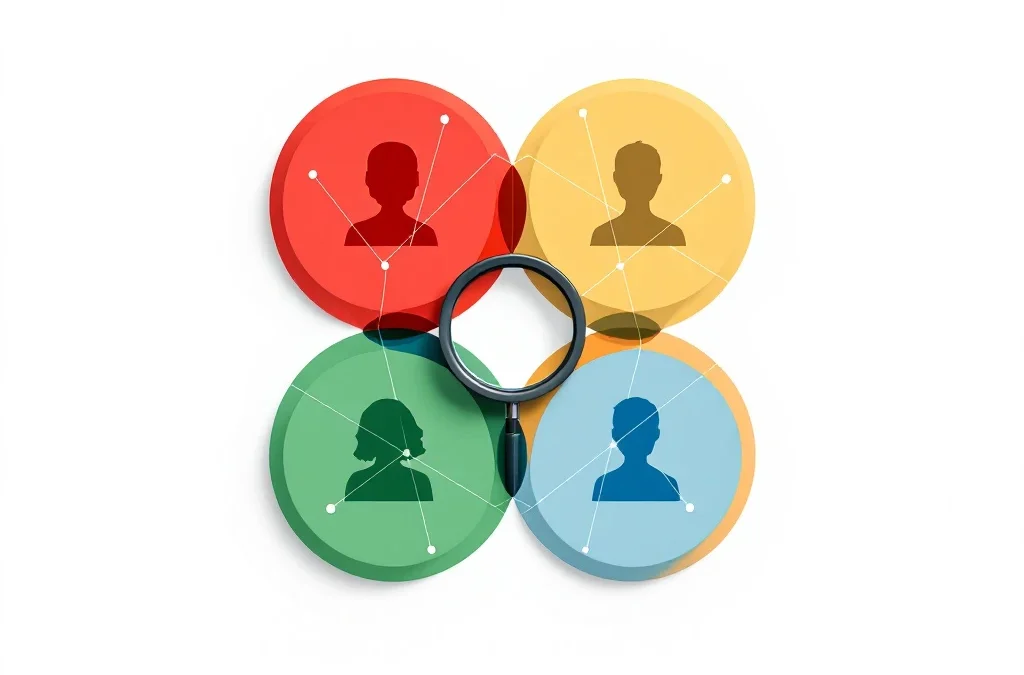 Vier onderling verbonden gekleurde cirkels in diamantvorm met menselijke silhouetten en vergrootglas voor talentherkenning