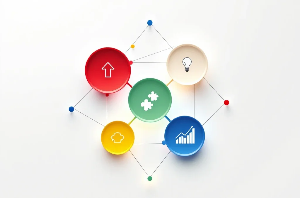 Vier onderling verbonden gekleurde cirkels in diamantvorm met talentpictogrammen die DISC-methodologie visualiseren