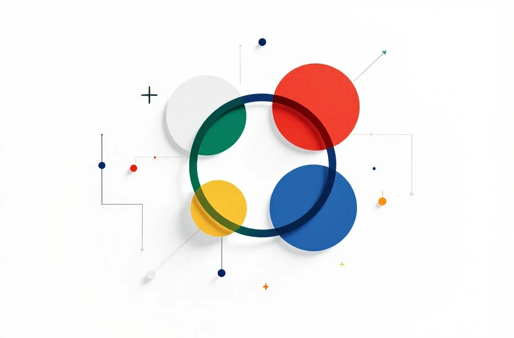 Vier onderling verbonden cirkels in rood, geel, groen en blauw die DISC-methodologie en teammanagement vertegenwoordigen.