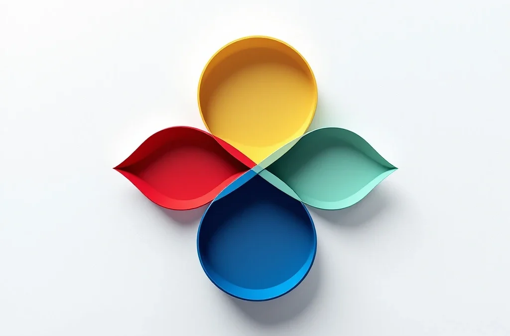 Vier gekleurde cirkels in diamantvorm verbonden door witte lijnen, die teamsamenwerking en DISC-methodologie vertegenwoordigen