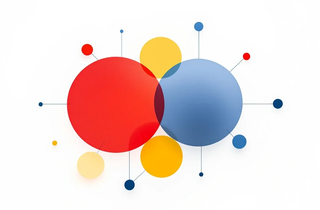 Abstracte geometrische vormen in rood, geel, groen en blauw die verbonden teamleden symboliseren op witte achtergrond