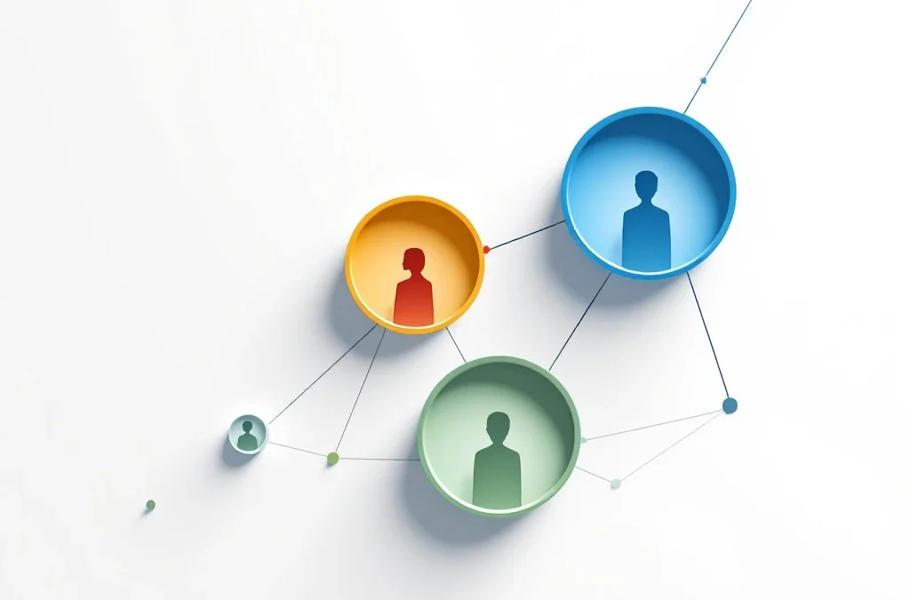 Vier onderling verbonden gekleurde cirkels met teamfiguren in oplopend patroon, blauwe cirkel als focuspunt rechtsboven.
