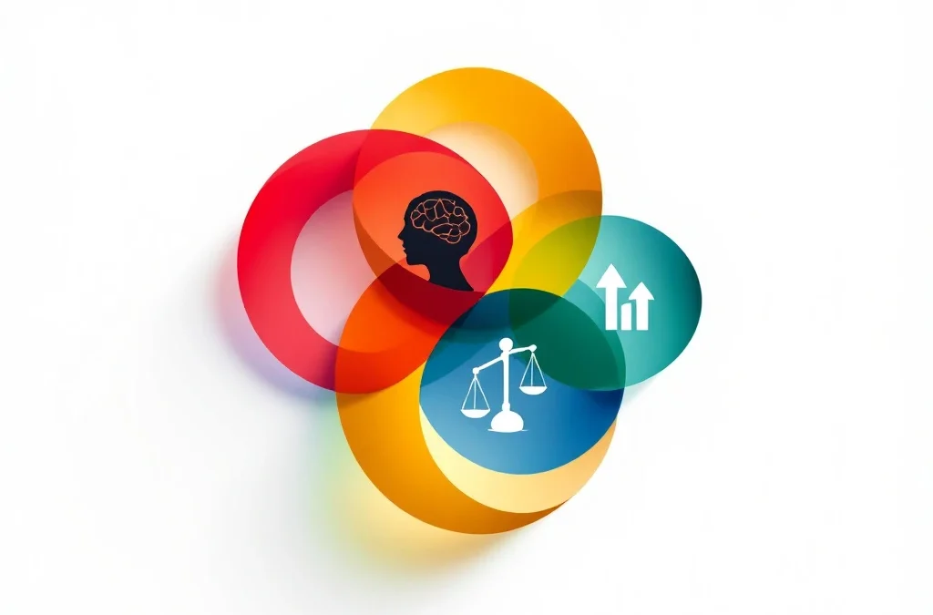 Vier in elkaar grijpende gekleurde cirkels in diamantvorm met pictogrammen voor vaardigheidsontwikkeling op witte achtergrond