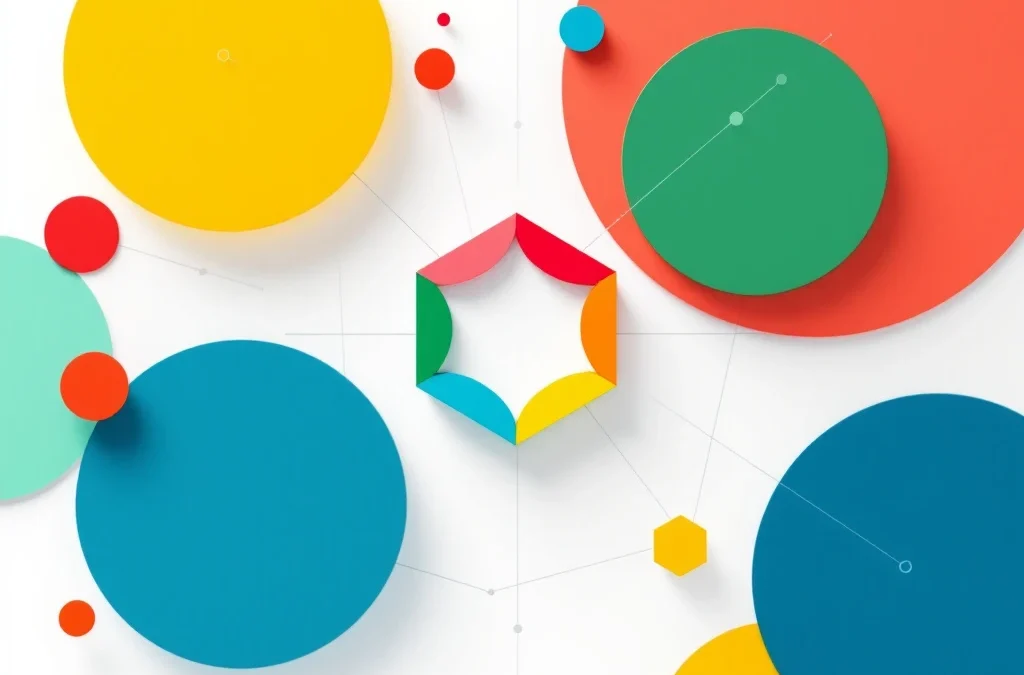 Geometrische vormen in rood, geel, groen en blauw verbonden door lijnen op witte achtergrond, symboliseert teamwerk