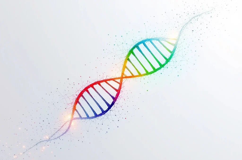 DNA-dubbele helix in rood, geel, groen en blauw met hersensynapsen op witte achtergrond, geometrisch ontwerp