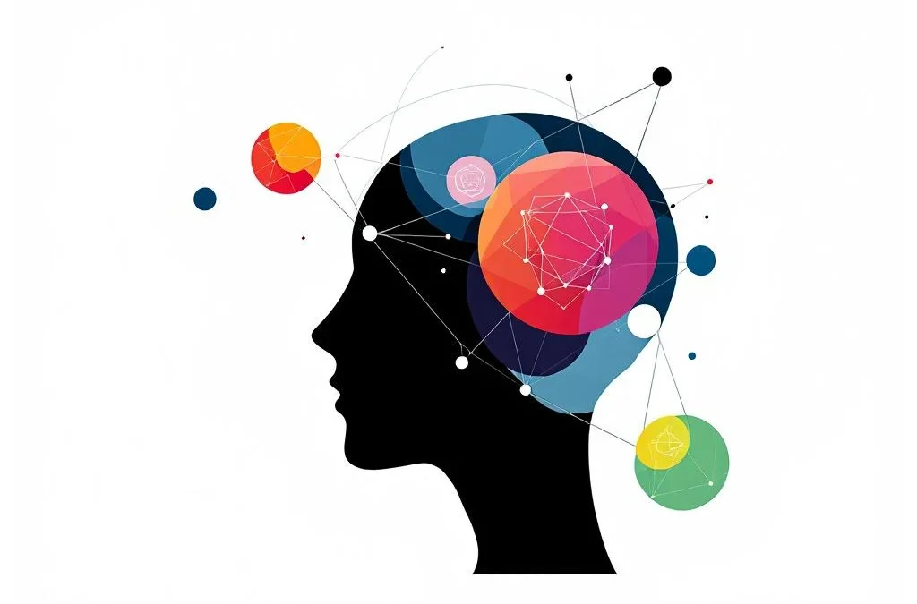 Abstract mensenhoofd silhouet met vier gekleurde cirkels (rood, geel, groen, blauw) verbonden door lijnen op witte achtergrond
