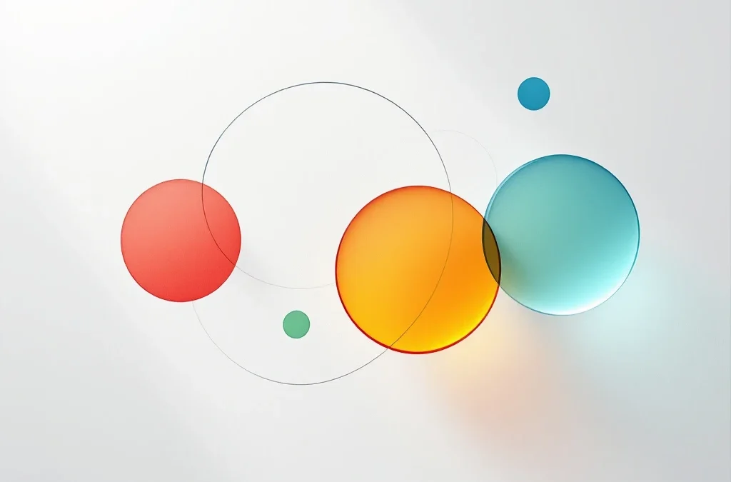 Vier onderling verbonden cirkels in rood, geel, groen en blauw die emotionele intelligentie niveaus verbeelden op witte achtergrond