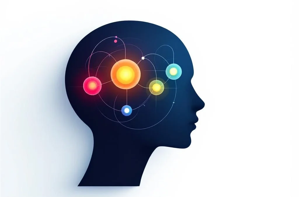 Abstracte menselijke hoofdsilhouet omringd door vier gloeiende bollen in rood, geel, groen en blauw die emotionele intelligentie voorstellen