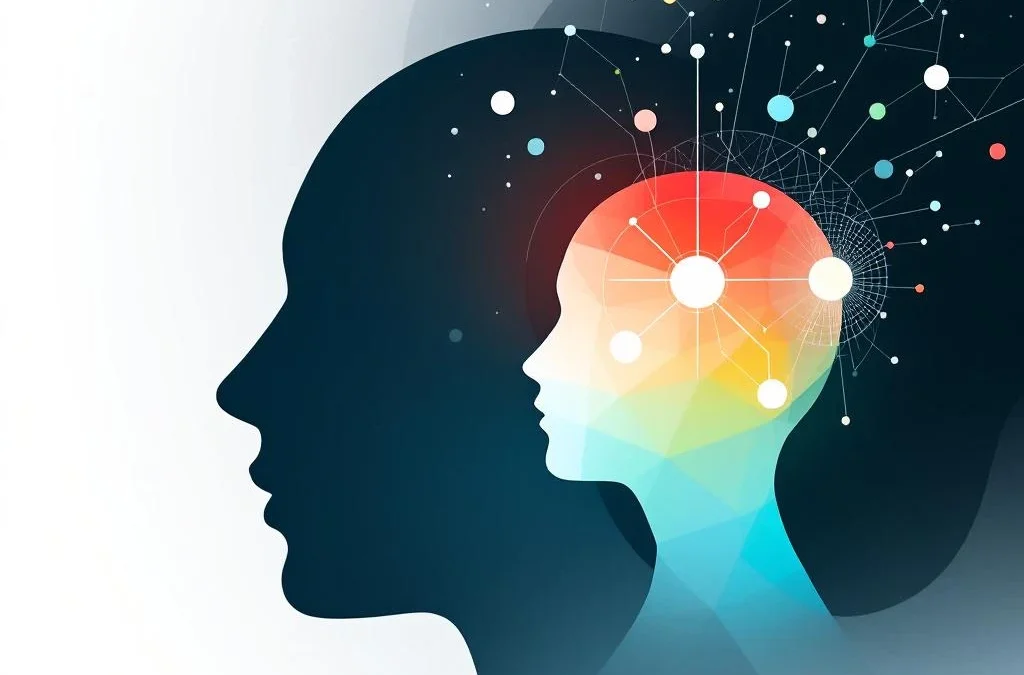 Abstracte hoofdsilhouet met gloeiend brein en vier gekleurde paden die emotionele intelligentie en besluitvorming voorstellen