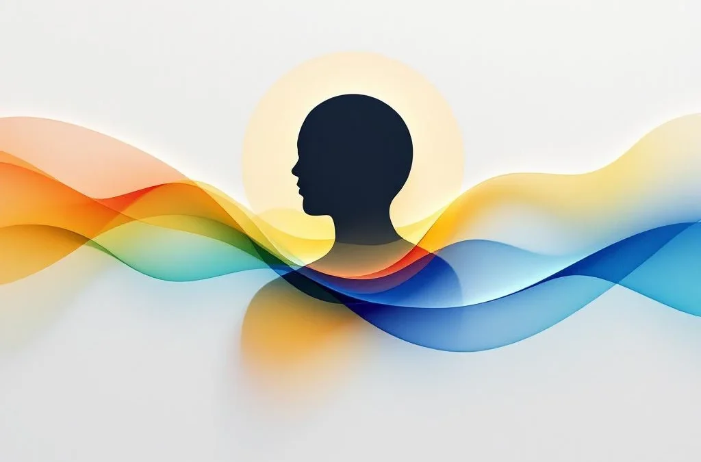 Abstracte menselijke silhouet met vier gekleurde golven die emotionele intelligentie en burnoutpreventie symboliseren