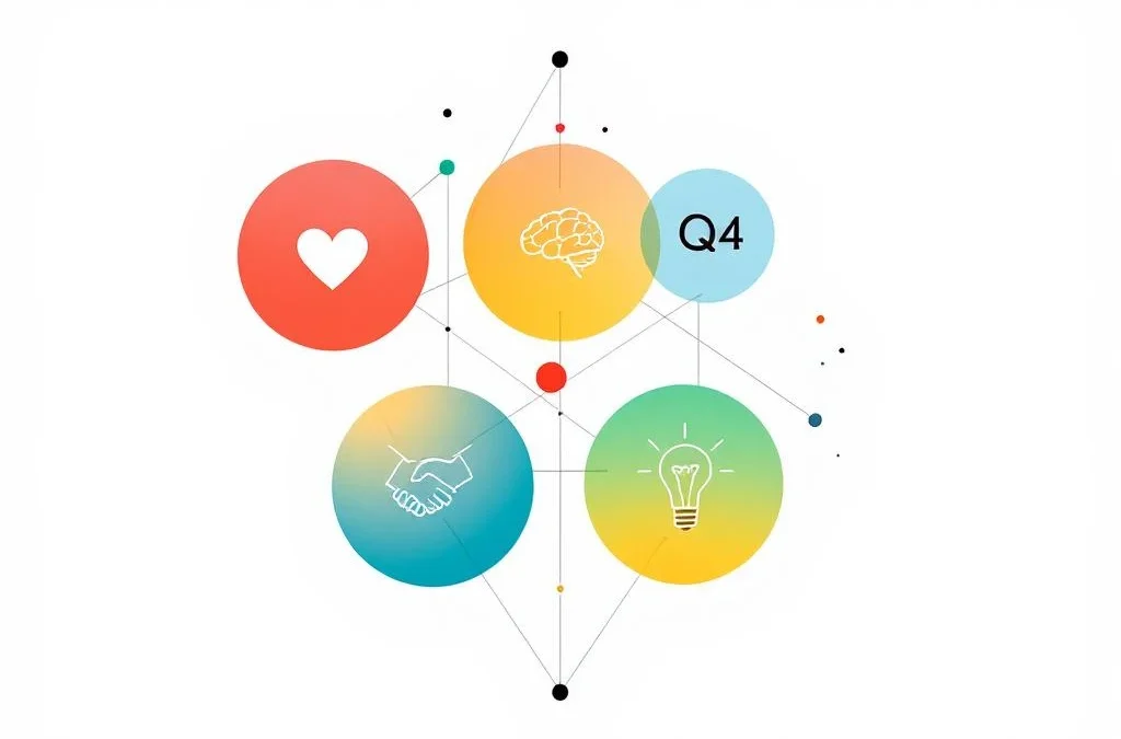 Vier onderling verbonden cirkels in rood, geel, groen en blauw met emotionele intelligentie symbolen in diamantpatroon
