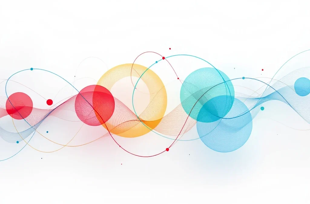 Vier onderling verbonden geometrische cirkels in rood, geel, groen en blauw die emotionele intelligentie symboliseren