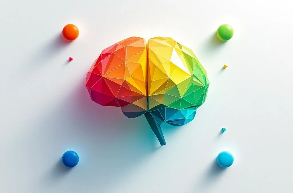 Geometrische hersenvorm met kleurverloop van rood naar blauw, omringd door cirkels en driehoeken op witte achtergrond