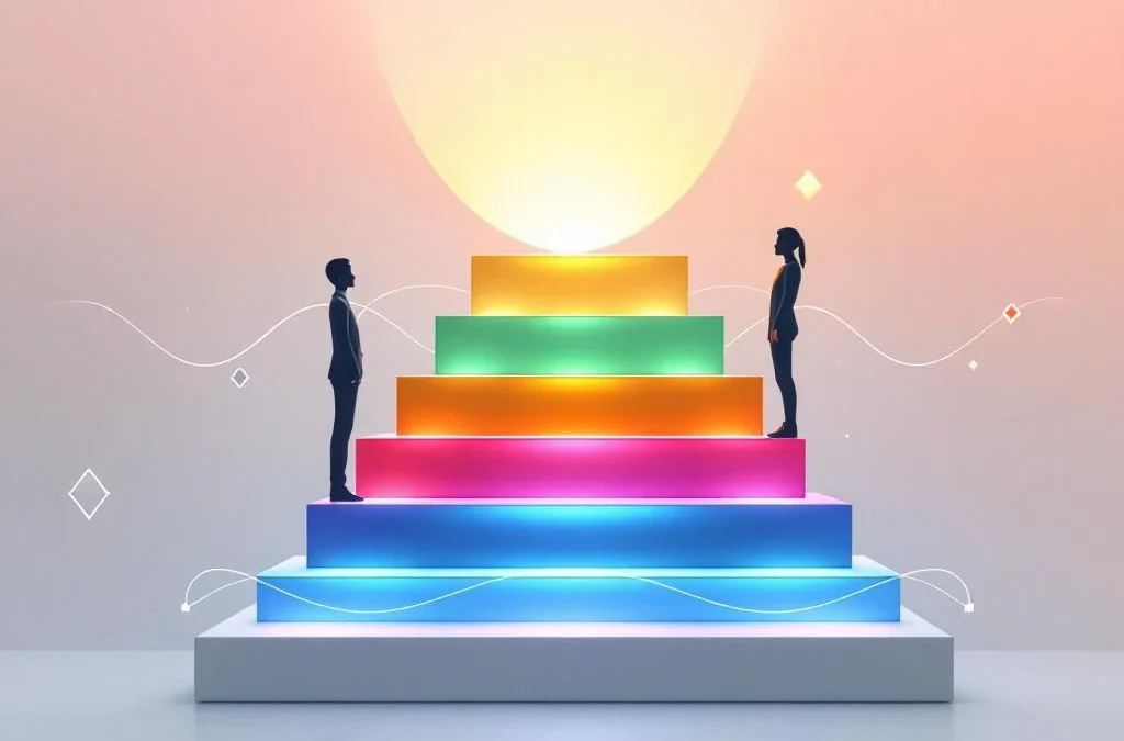 Geometrische trap met vijf stappen in Q4-kleuren verbonden door energielijnen tussen twee menselijke silhouetten