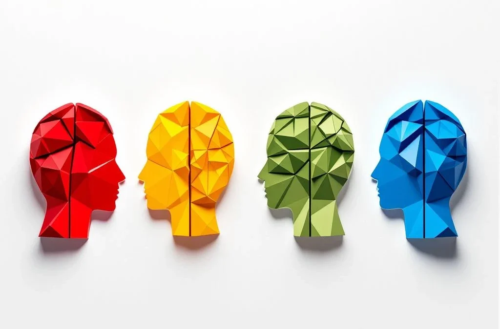 Vier geometrische hersenen in rood, geel, groen en blauw tonen verschillende emotionele toestanden voor EQ-assessment