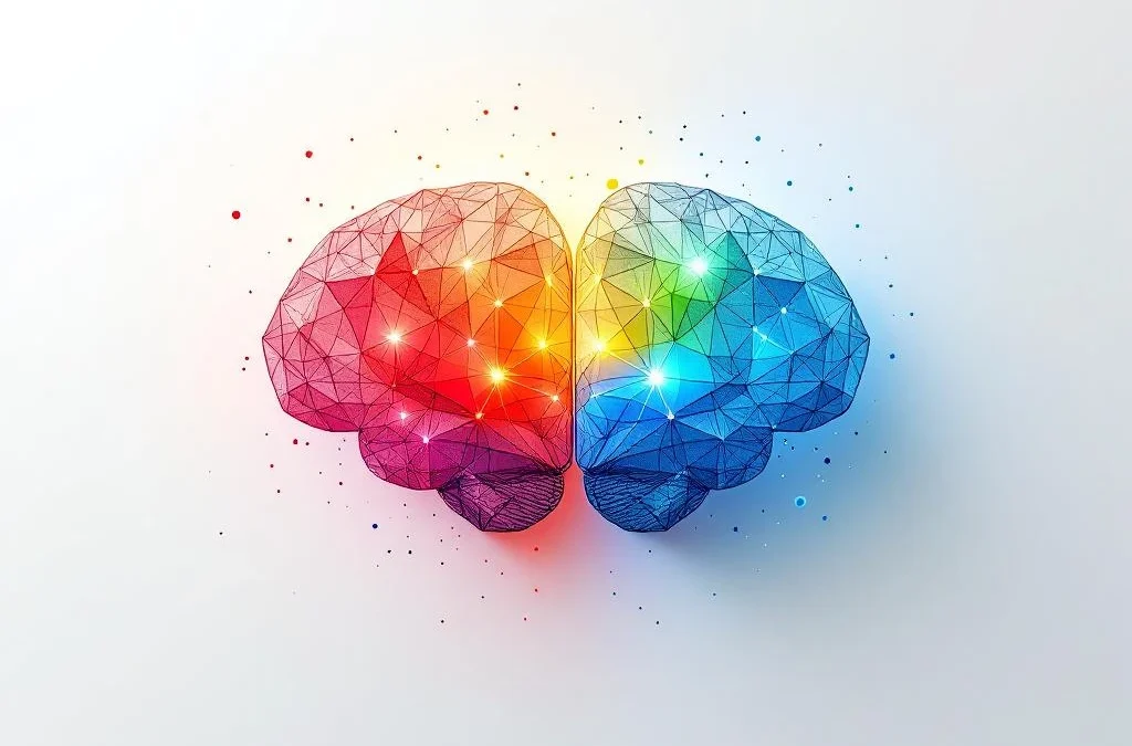 Twee in elkaar grijpende geometrische hersenhelften in lijnkunst met warme en koele kleurgradiënten op witte achtergrond