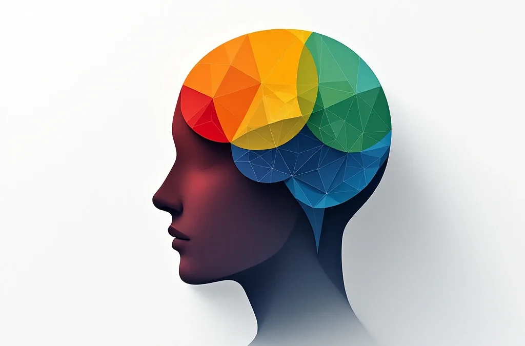 Abstracte menselijke hoofdsilhouet met vier gekleurde hersengedeelten in rood, geel, groen en blauw op witte achtergrond