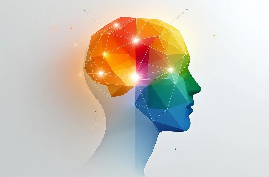 Abstract menselijk hoofd silhouet met vier gekleurde secties voor emotionele intelligentie in rood, geel, groen en blauw