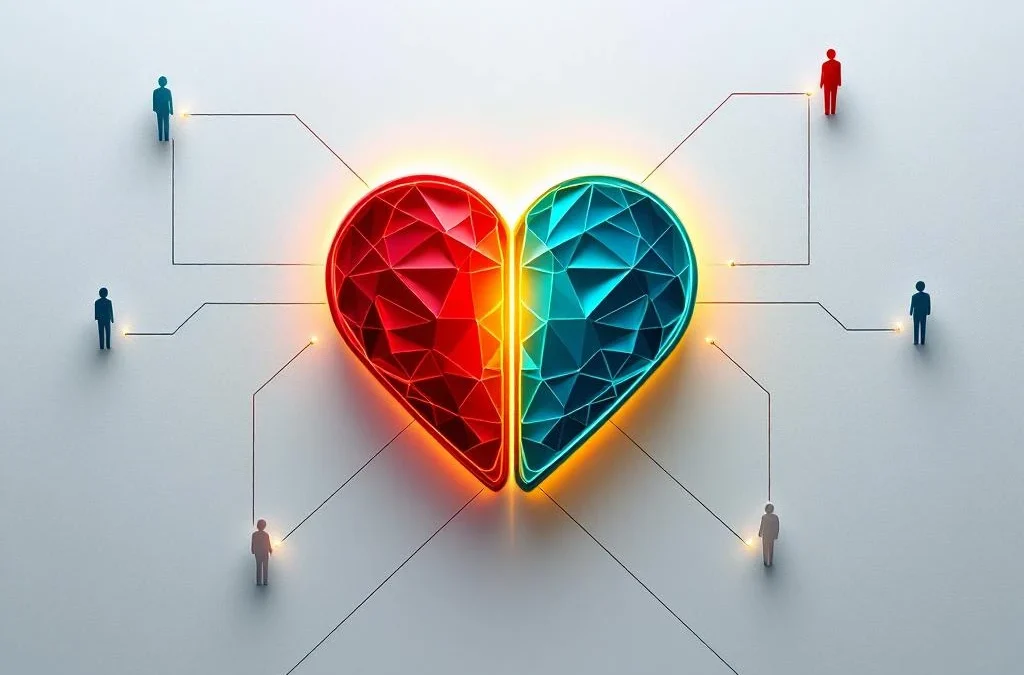 Abstract hart-brein symbool in rood en blauw met menselijke silhouetten verbonden door geometrische lijnen op witte achtergrond