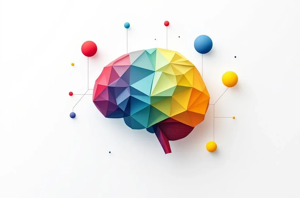 Geometrische hersenvorm in Q4 merkkleuren rood, geel, groen en blauw met zwevende vormen en neurale verbindingslijnen