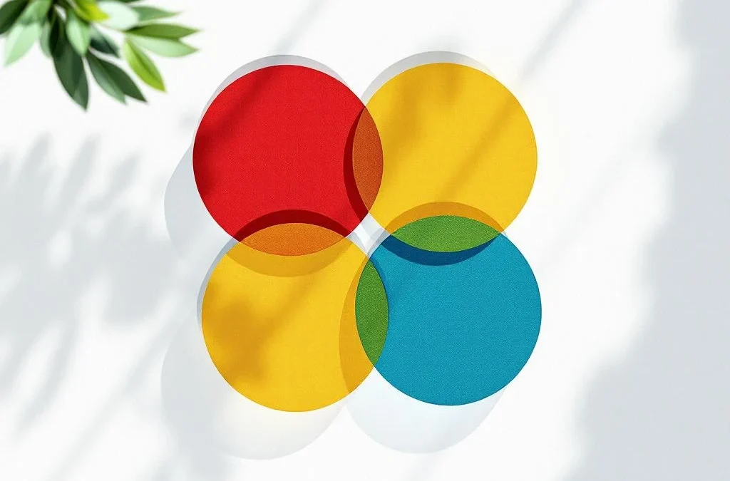 Bovenaanzicht van georganiseerde werkruimte met vier gekleurde secties die gezonde bedrijfscultuur symboliseren