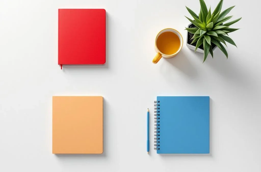 Bovenaanzicht van georganiseerd bureau met rood notitieboek, gele mok, groene plant en blauw kantoormateriaal in kruisvorm