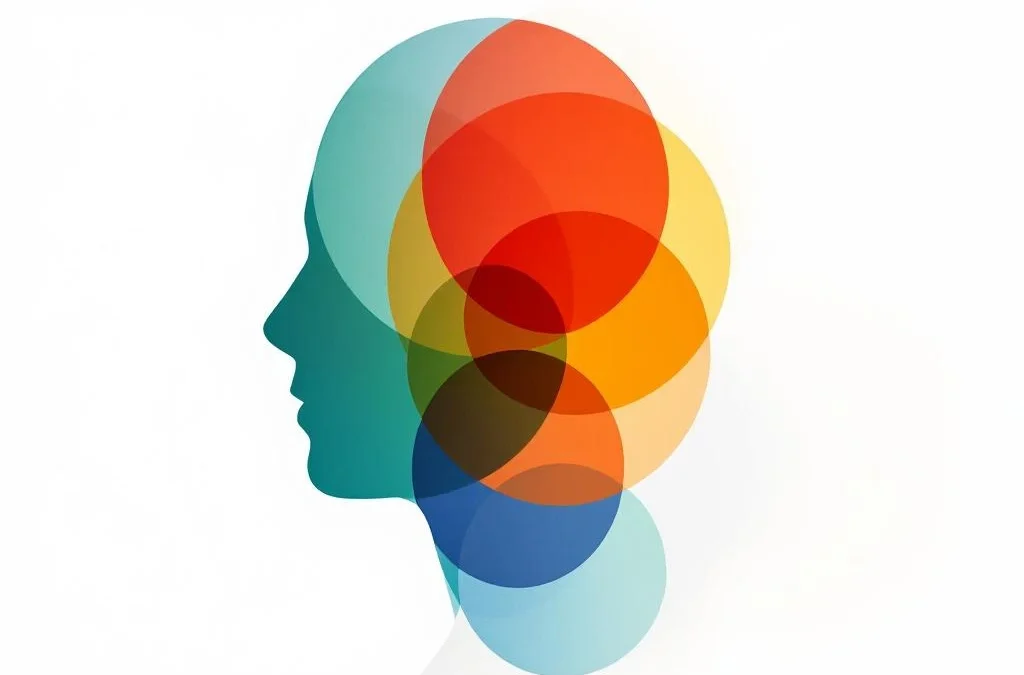 Abstracte menselijke silhouet van overlappende gekleurde cirkels in spiraalpatroon op witte achtergrond