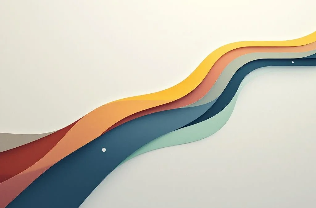 Vier gekleurde lijnen convergeren centraal, representeren coachingstrajecten met progressieknooppunten op neutrale achtergrond.