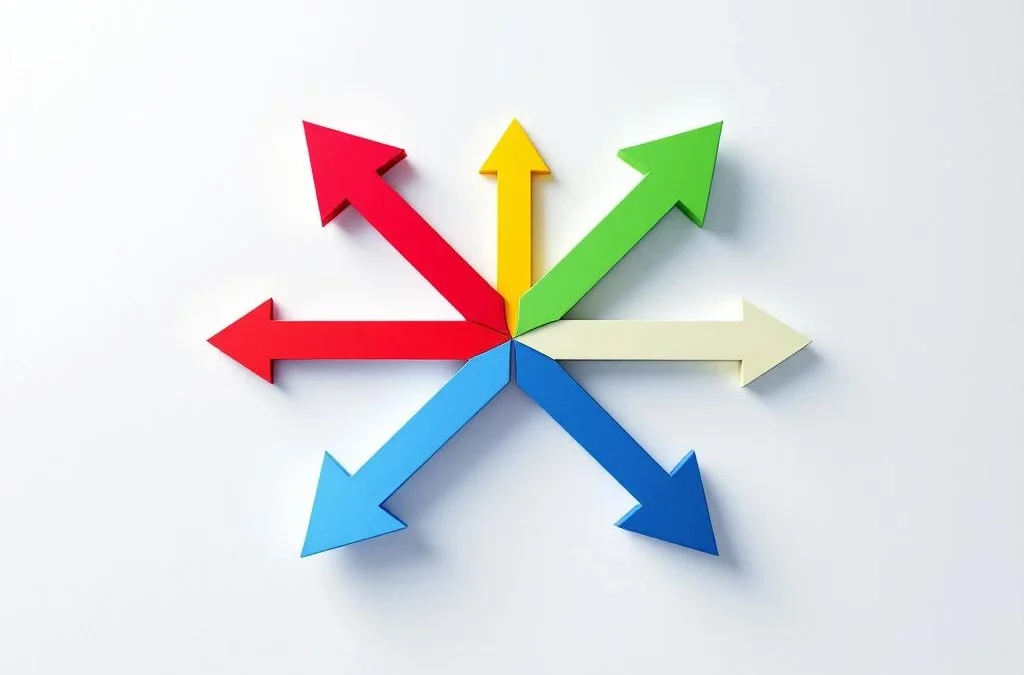 Vier gekleurde pijlen convergeren naar centraal punt in kompaspatroon, symboliseert coachingstijlen en -richtingen