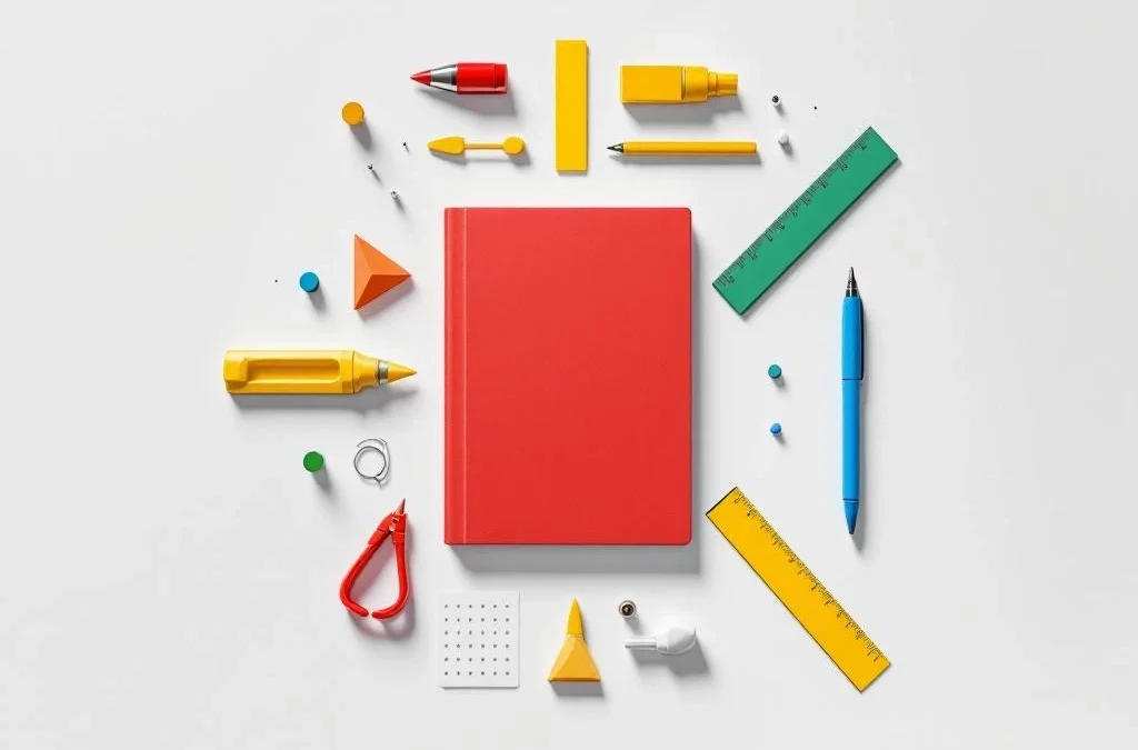 Coachingstools in cirkelpatroon: rood notitieboek, gele passer, groene liniaal en blauwe pen op wit oppervlak