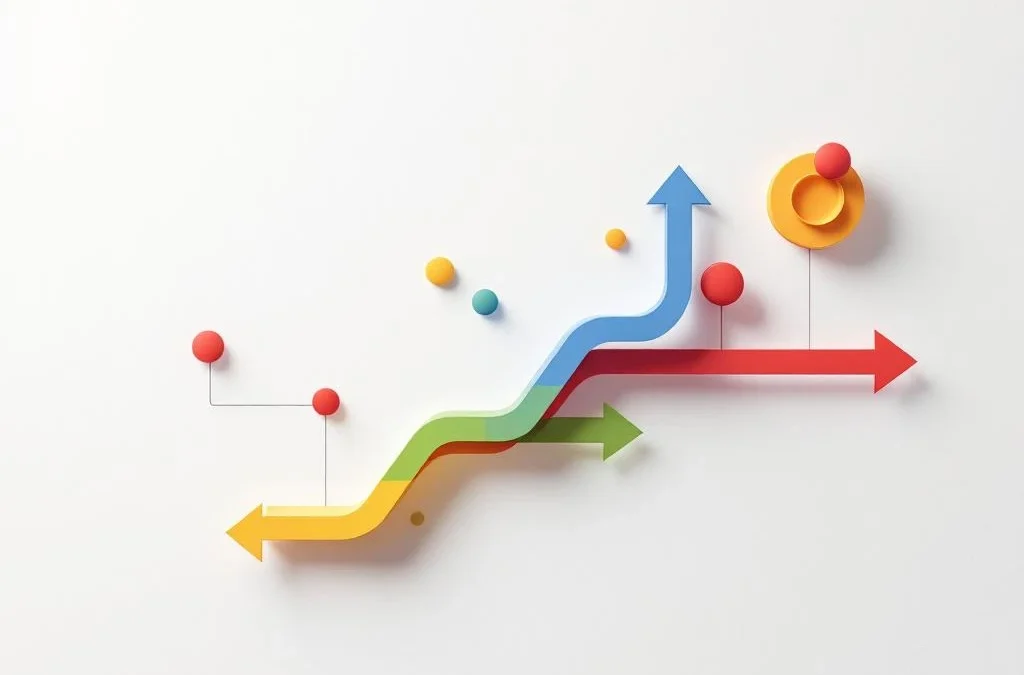 Geometrische compositie met coaching-elementen: kompas, pijlen en cirkels in rood, geel, groen en blauw op wit.