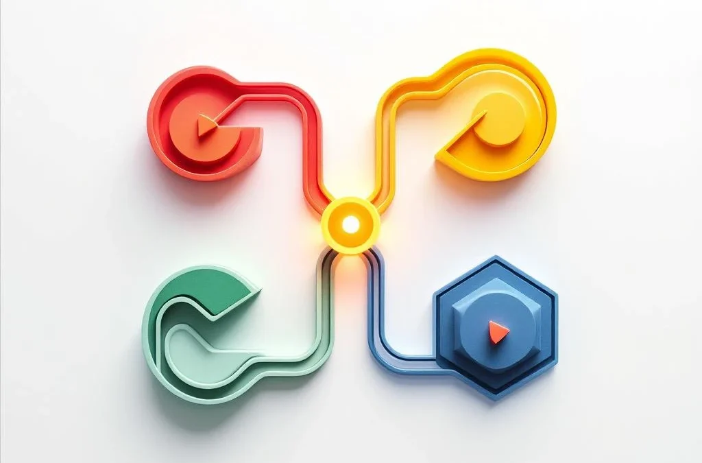 Vier geometrische coachingstrajecten in rood, geel, groen en blauw convergeren naar centraal punt in grid-formatie