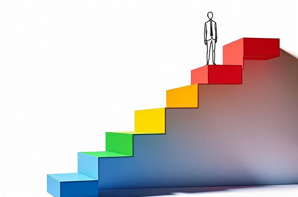 Kleurrijke trap van geometrische blokken met figuur bovenaan die omhoog reikt, symbool voor professionele groei