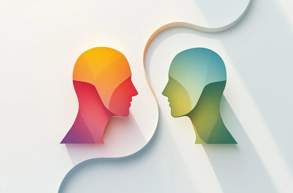 Vogelperspectief van twee abstracte geometrische figuren verbonden door gebogen lijnen die dialoog en bemiddeling symboliseren