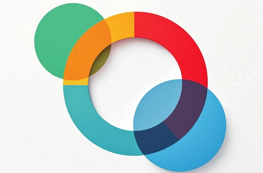 Vier geometrische vormen in rood, geel, groen en blauw trekken weg van centraal punt op witte achtergrond