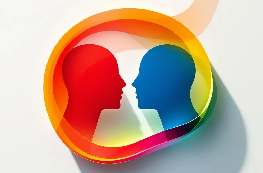 Twee abstracte geometrische figuren in rood en blauw verbonden door gele en groene gebogen lijnen op wit oppervlak