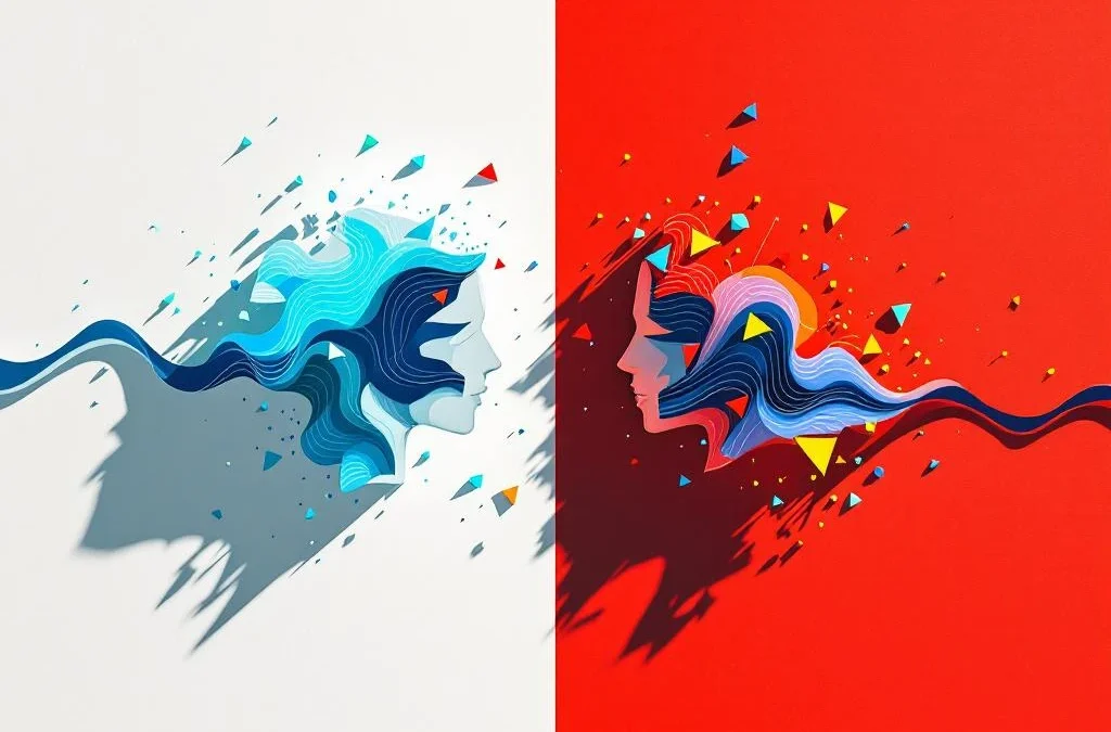 Twee abstracte geometrische figuren gescheiden door witte ruimte met rode, blauwe, gele en groene elementen die conflict symboliseren.